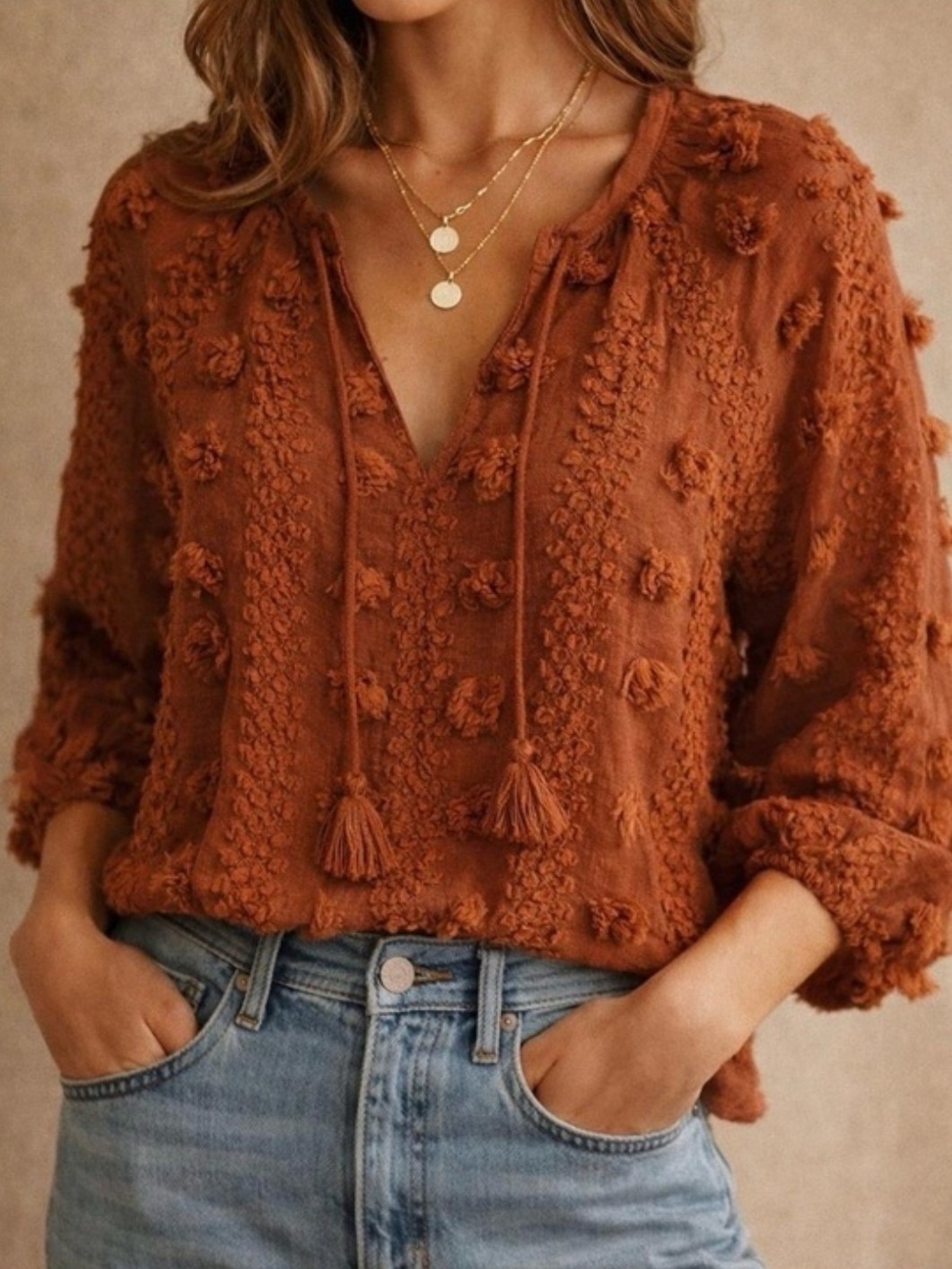 NWT-Calypso St. Barths Pom-Pom Teracota textured tassel blouse.